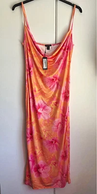 Boohoo Orange/Pink Floral Satin Cowl Neck Slip Midi Dress Straps Size 14 - Image 1 of 3