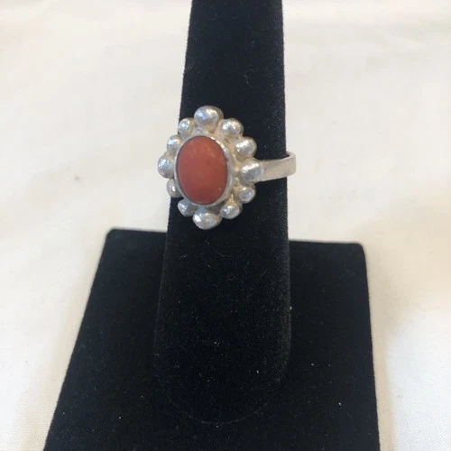 VTG Sterling Silver Red Coral Ring, Size 7.5