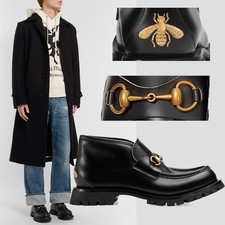 GUCCI SHOES MENS BLACK LEATHER HORSEBIT LOAFERS LUG SOLE BEE $870 sz 7 US 7.5