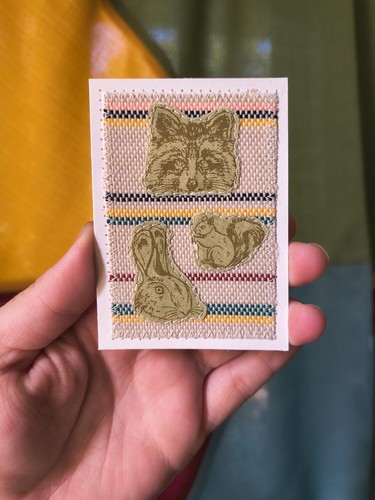 ACEO Original Fabric collage, Raccoon,Bunny,Squirrel On Neutral Colors