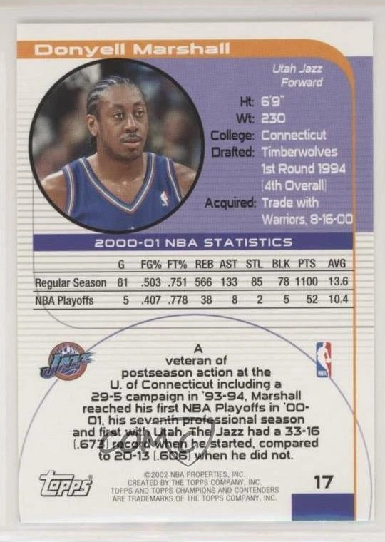 2001-02 Topps Champions and Contenders (TCC) Donyell Marshall #17 - Image 2 of 2
