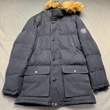 Tommy Hilfiger Men's Parka Jacket Size M Blue Puffer Faux Fur Trim Hood Pockets