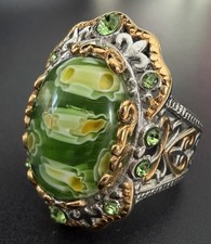 Millefiori Glass Ring 316L Stainless Steel Green Stone Statement Size 10.5 Retro