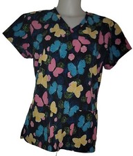 Divine Stretch Sz S Black Floral Butterfly Medical Scrub Top Shirt