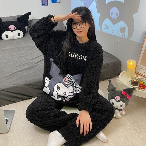 Cartoon Kuromi Womens Casual Pajamas Fall Winter Flannel Home Wear Top Pants Set - Picture 2 of 16