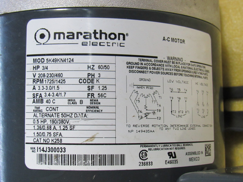 MARATHON ELECTRIC AC MOTOR 5K49KN4124 3/4 HP 208-230/460V 3PH 56C W/ PUMP 2LPF20 - Picture 2 of 5