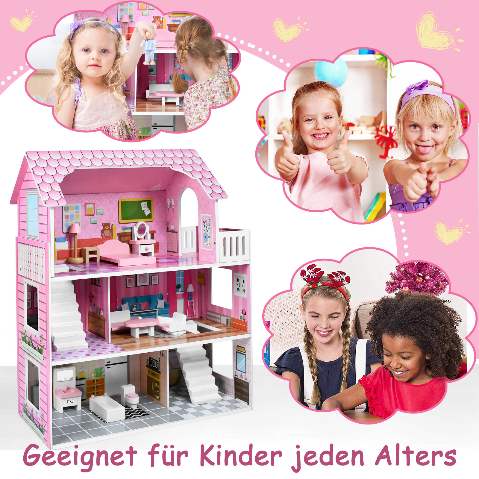 Kinder Puppenstube Puppenhaus aus Holz Dollhouse 3 Etagen mit Möbeln Spielhaus