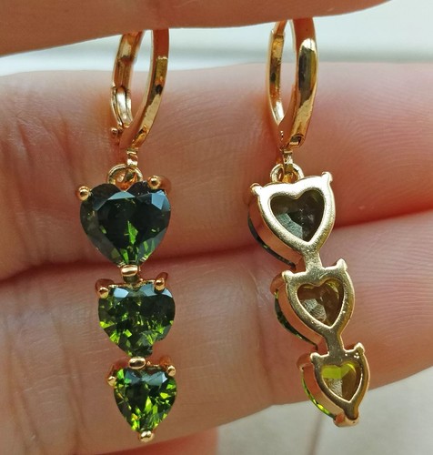 Nuevos Pendientes Colgantes Mini Aro Circonita cúbica Corazón Triple Verde Oliva Relleno Oro Amarillo 18K - Imagen 2 de 2