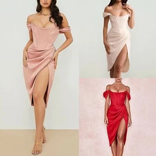 Womens Elegant Off Shoulder Slit Midi Dress Cocktail Wedding Club Party Dress XL