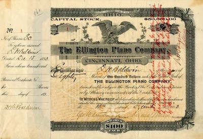 Ellington Piano Co. issued to and signed by D.H. Baldwin - Stock Certificate - A