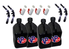 VP Racing 4 Pack Black Square 5 Gallon Fuel Jugs+Hose, Hose Bender, & Ball Valve