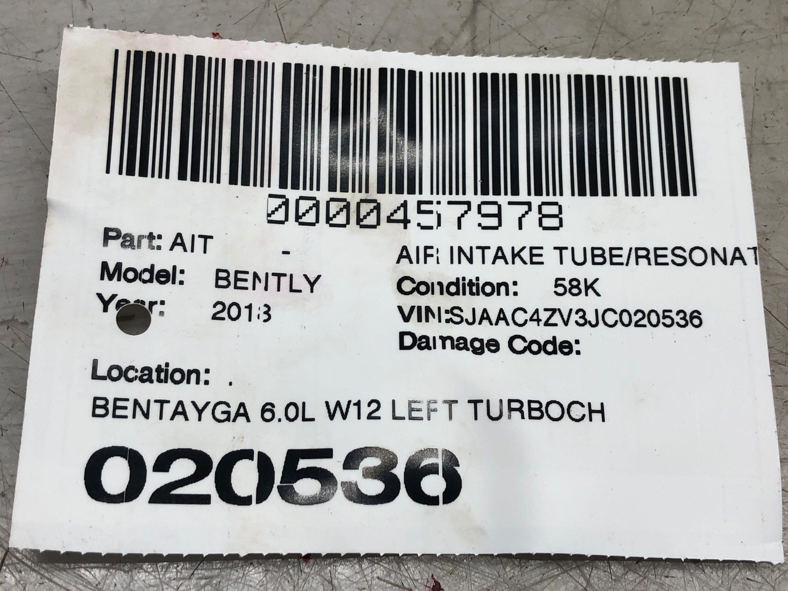 2016-2020 BENTLEY BENTAYGA OEM 6.0 W12 LEFT TURBOCHARGER PRESSURE HOSE 36A145737