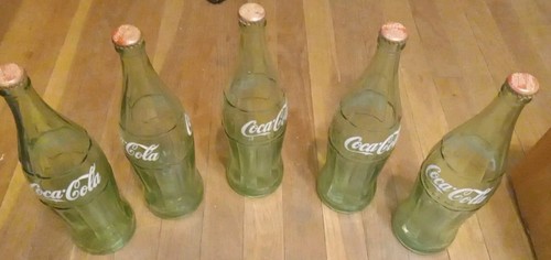 5 Vintage Green Glass Coke/Coca- Cola "Hobbleskirt" Bottles - 1 pt 10 oz/26 oz
