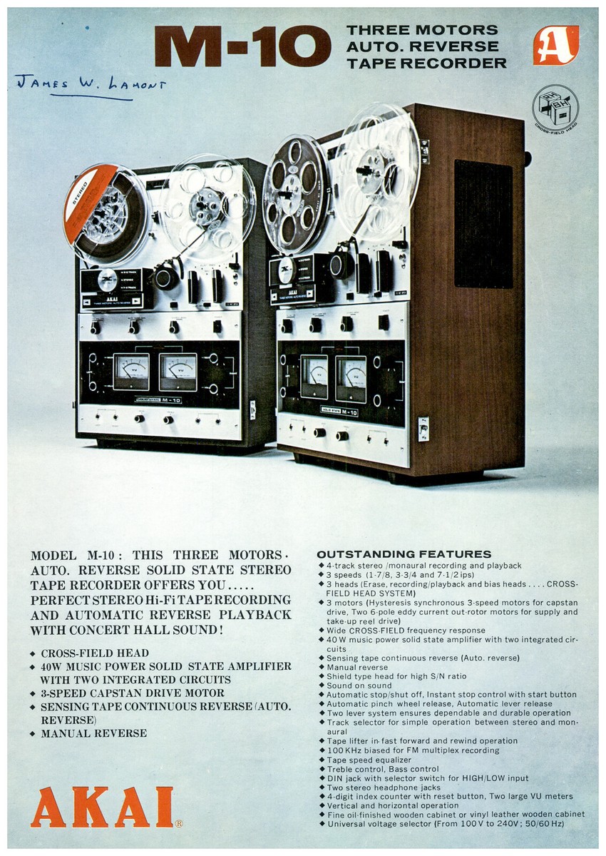 Akai M-10 Reel to Reel Dealer Data / Spec Sheet Brochure *Original