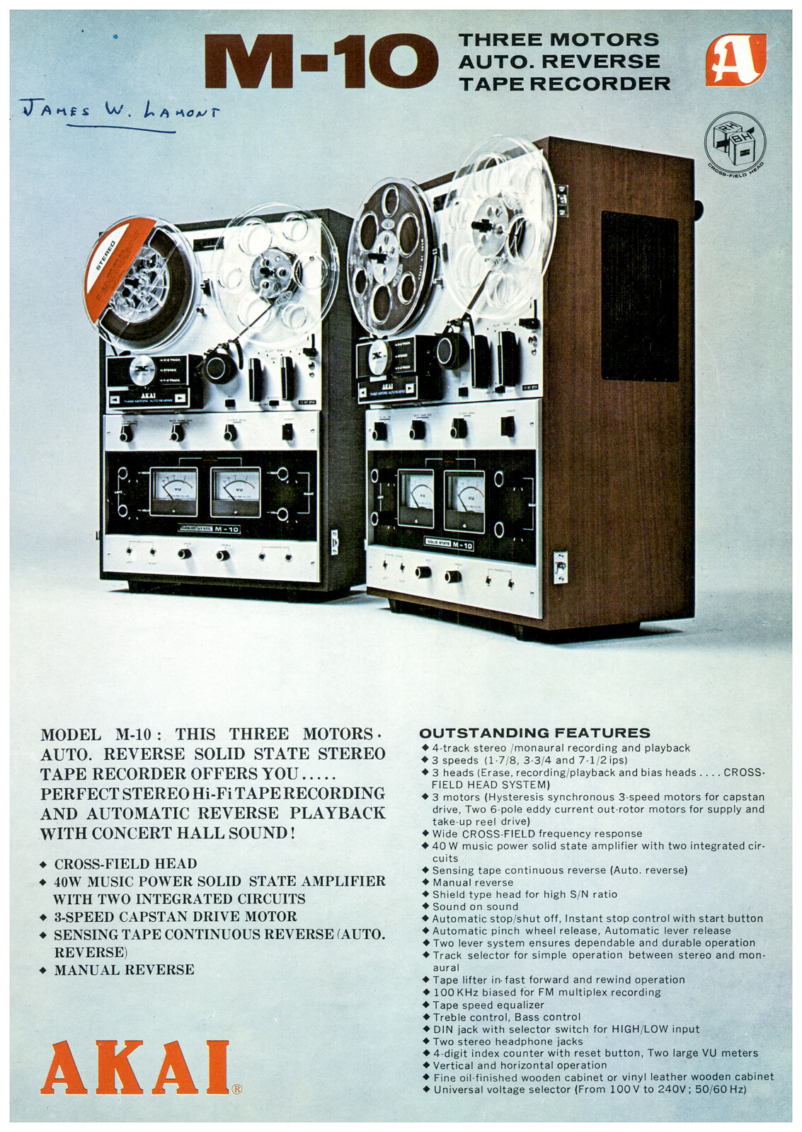 Akai M-10 Reel to Reel Dealer Data / Spec Sheet Brochure  *Original*