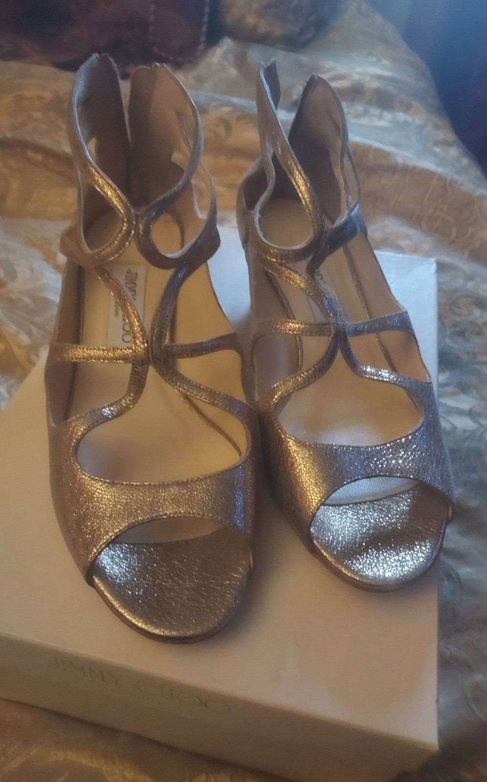 Sandalias de cuña Jimmy Choo 247Bergen doradas brillantes fiesta boda sandalias 39