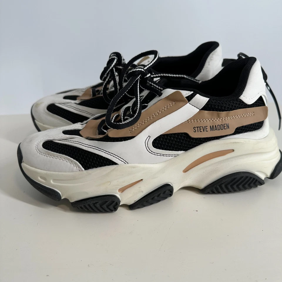 Steve Madden POSS03S1 Platform Lace-Up Sneakers Possession Shoes White Black 9M - Image 3 of 4