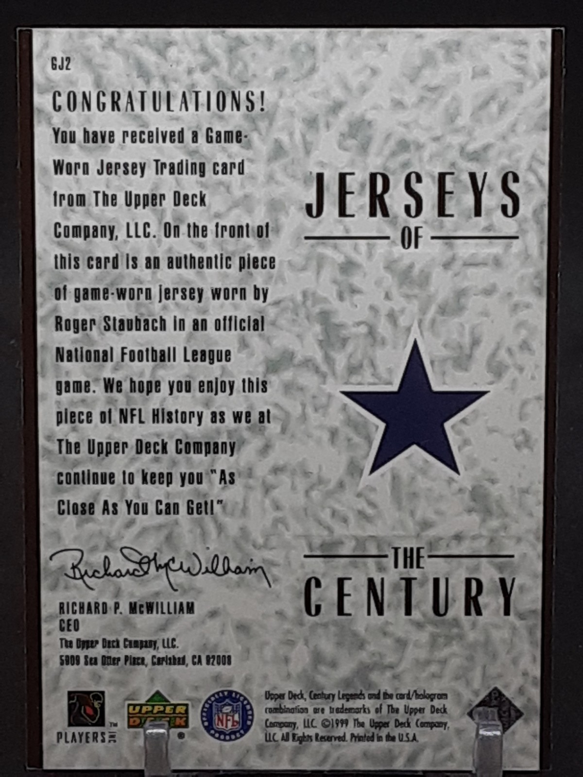 ROGER STAUBACH 1999 UPPER DECK CENTURY LEGENDS GAME-USED JERSEY COWBOYS QQ view 2