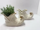 VTG Shawnee Pottery Elf Shoe Planter White Glaze W/Gold Accents Set Of 2