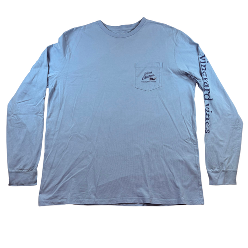 Vineyard Vines Shirt Mens Large Blue Merry Christmas Holiday Long Sleeve Cotton