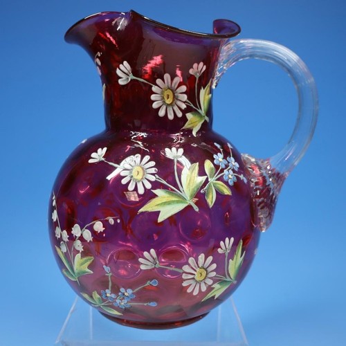 Antique Glass Cranberry Water Pitcher Enamel Painted Lily of the Valley Daisy - Bild 1 von 6