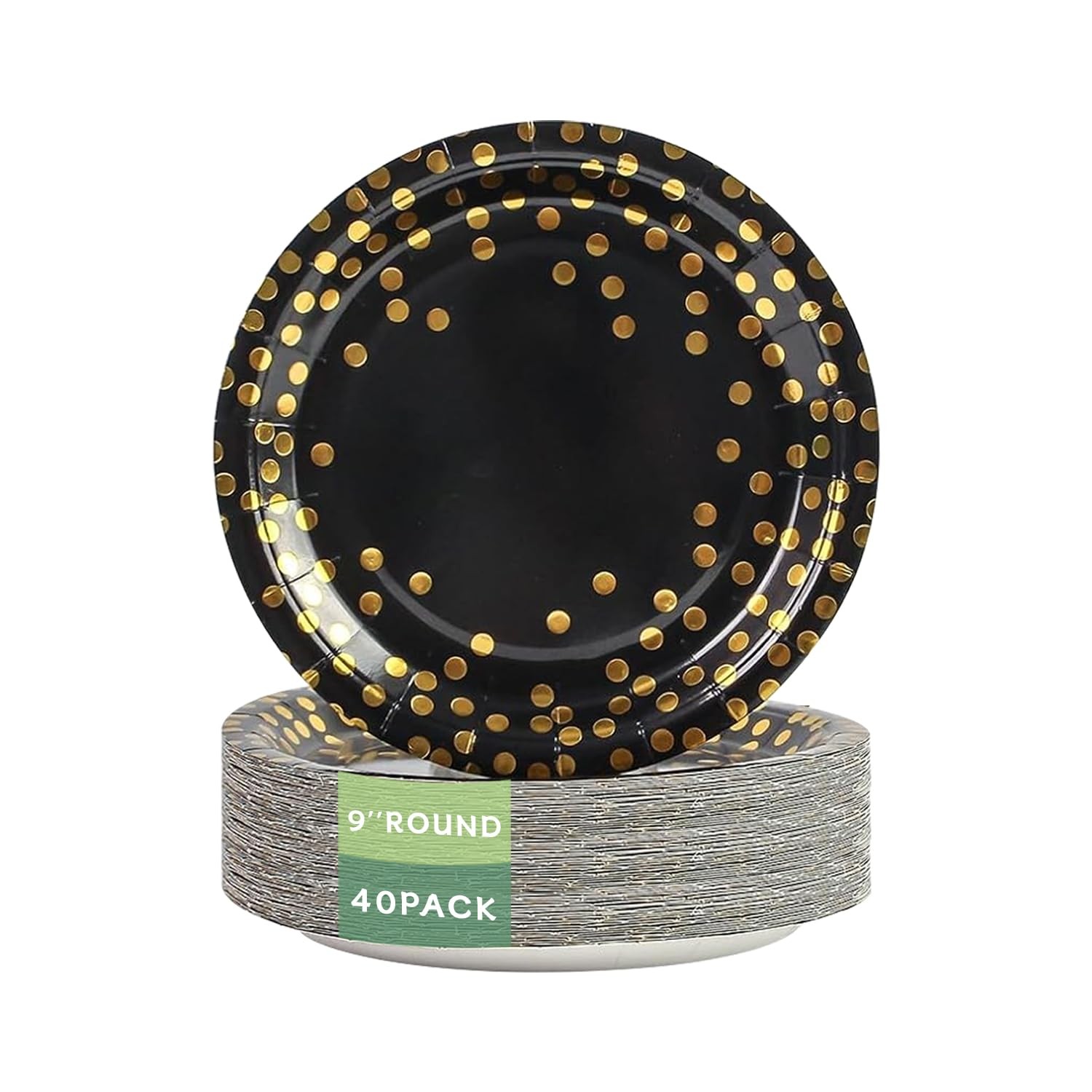 Stylish Paper Plates 40 Count,Eco Compostable Plates,Gold Foil Polka Dots Bla...