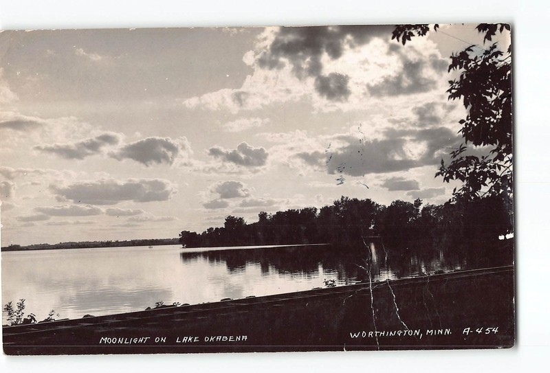 Worthington Minnesota MN Postcard 1940 Moonlight On Lake Okabena