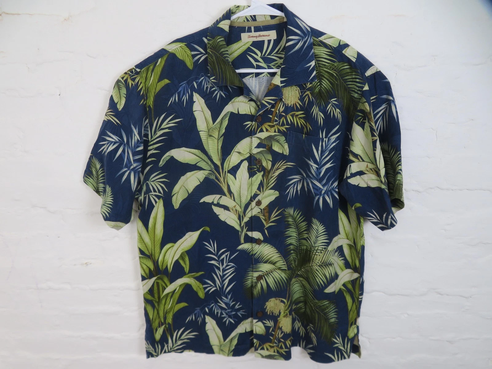 Tommy Bahama Shirt Mens Large Blue Silk Hawaiian Tropical Palm Print Button