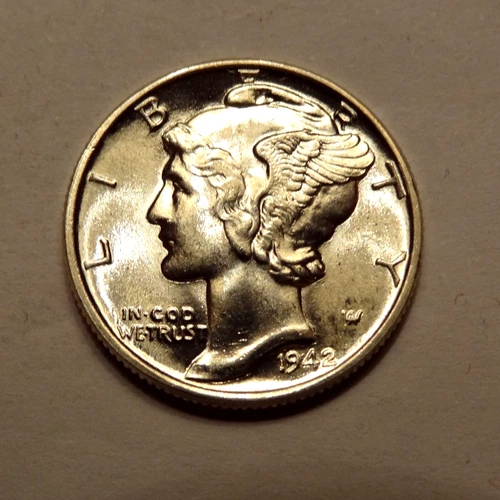 1942 MERCURY DIME, GEM BU