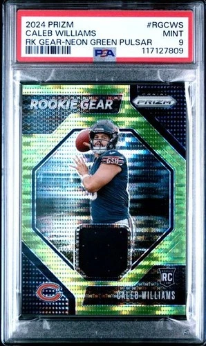 Caleb Williams RC 2024 Panini Prizm Rookie Gear Neon Green Pulsar Patch PSA 9