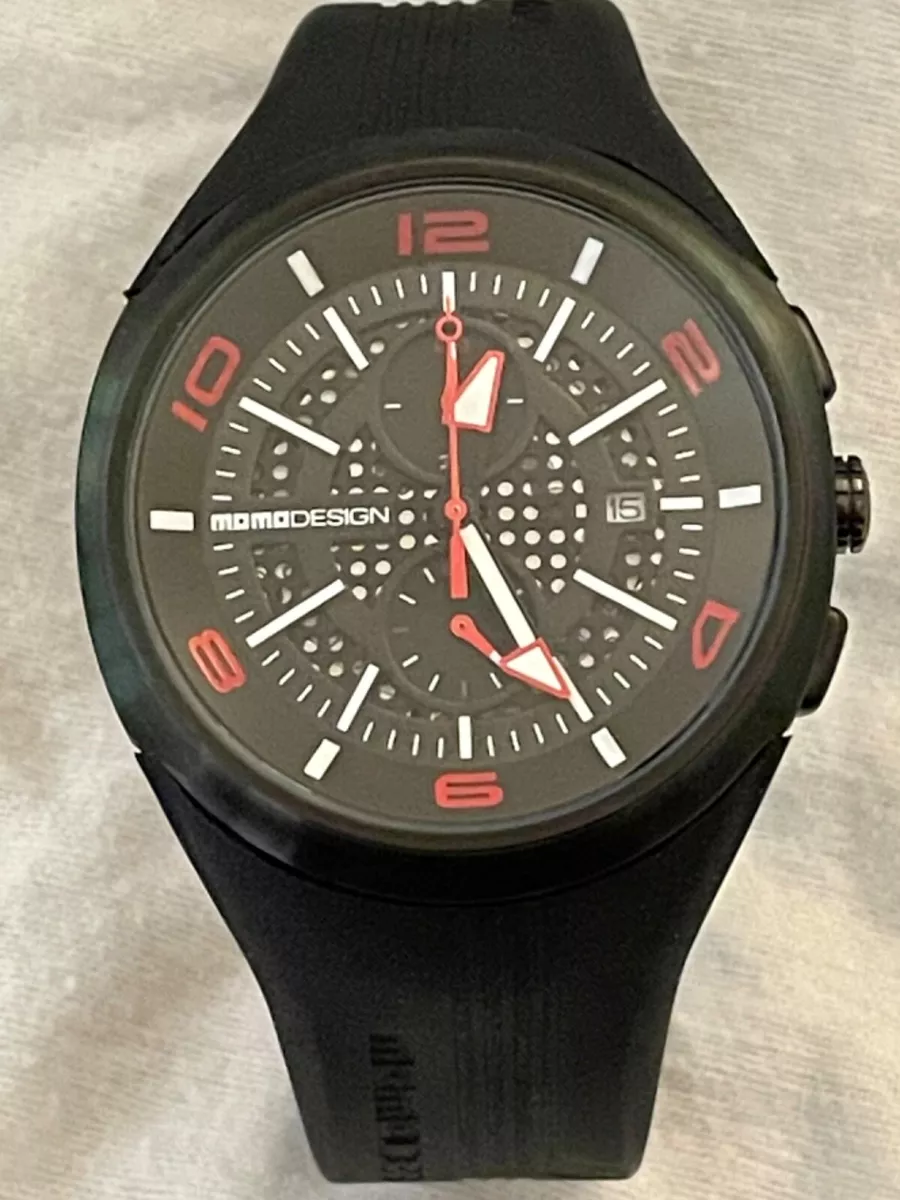 Momo Design Phantom Black Dial Chronograph Rubber Strap Mens Quartz Watch