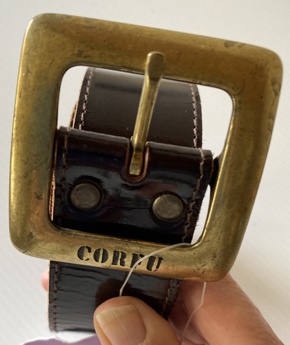 CORFU Gloss Brown Leather Belt Brass Buckle Size 34/ 86 Unisex NEW Aust Made - Foto 9 di 10