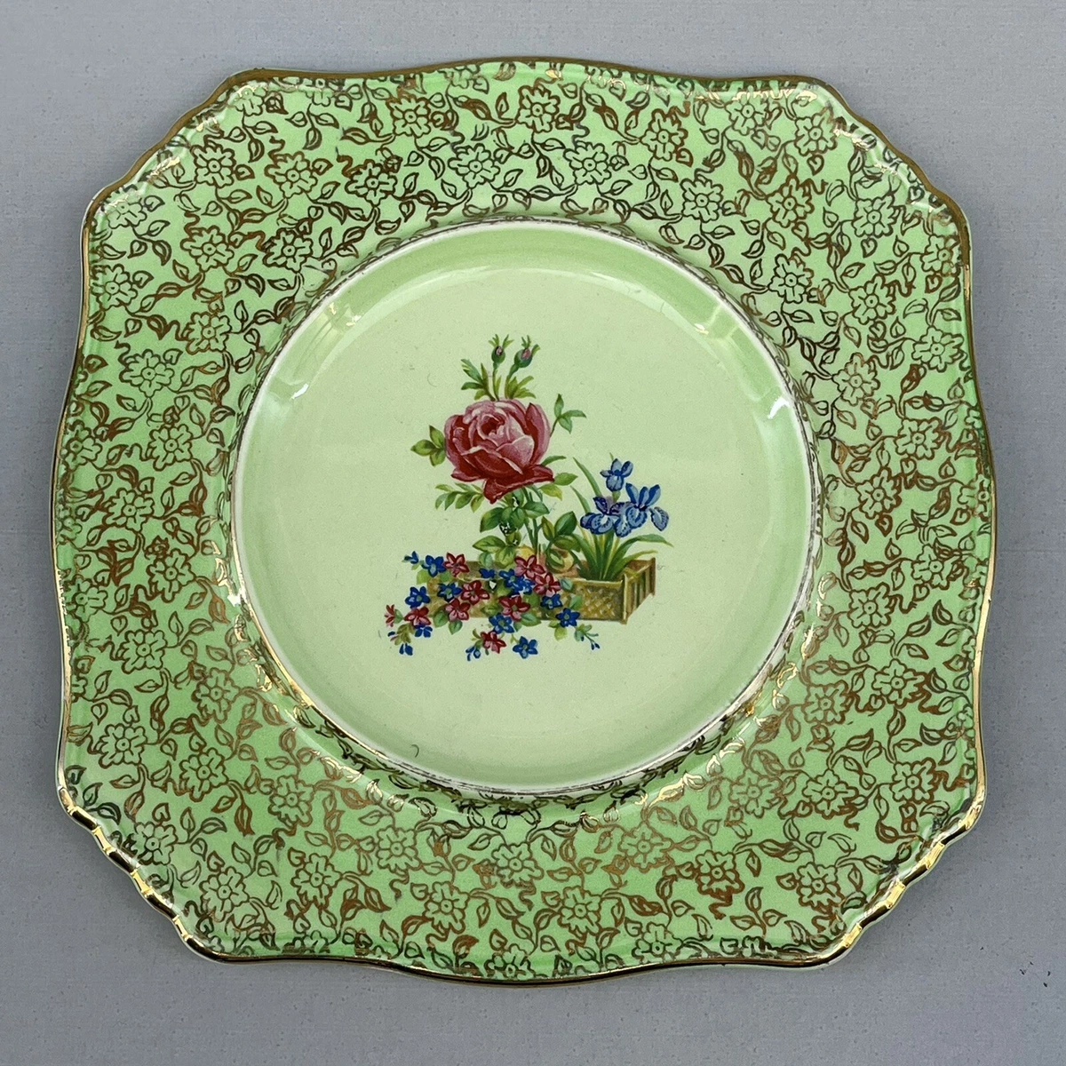 Vintage Royal Winton Green Floral 7” Square Cabinet Plate Bone China England