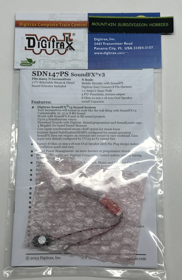 Digitrax SDN147PS N Scale Series 7 Sound Decoder with 8-pin plug & speaker 2025 - Image 2 of 4