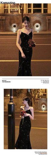 Elegant Sequin Night Club Dresses Sexy Spaghetti Strap Solid Slim Midi Dress - Picture 9 of 12