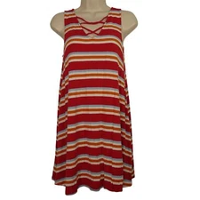 Arizona Sleeveless Tank Swing Dress Rust Blue Striped Women Size M Criss-Cross 