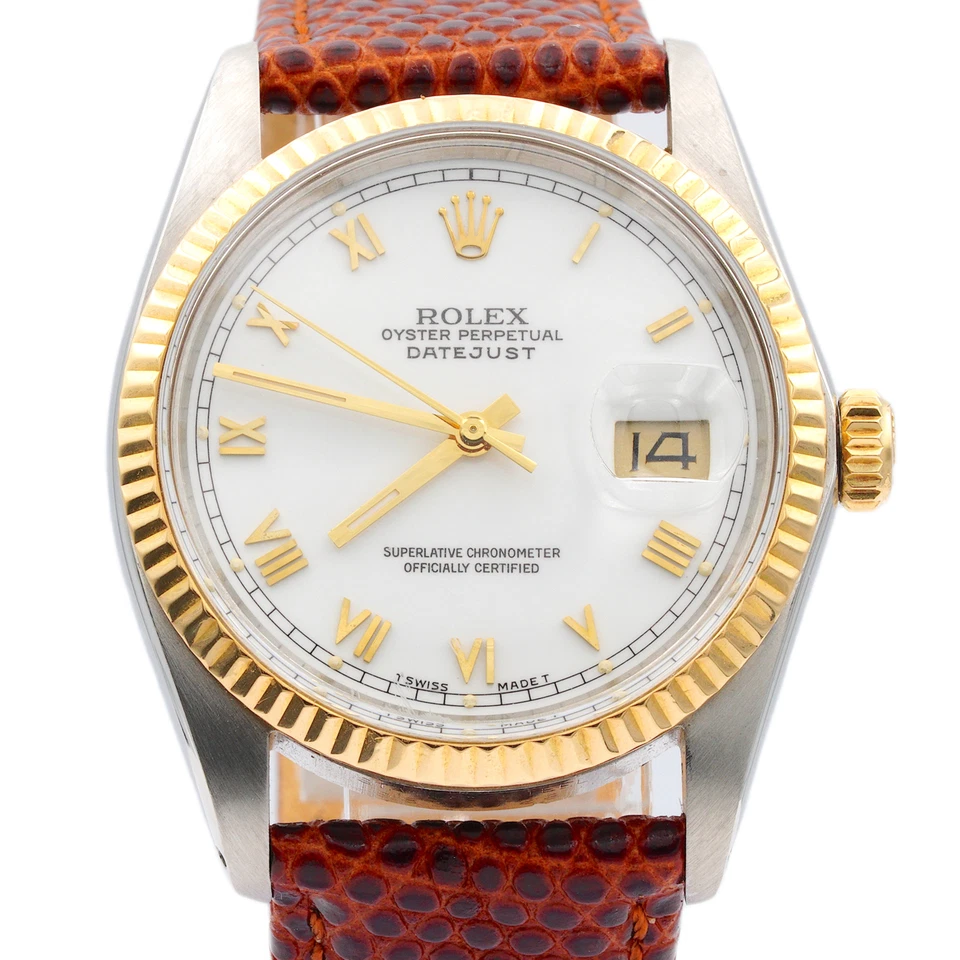 Rolex Datejust para hombre de oro amarillo de 18 quilates reloj de acero inoxidable esfera romana blanca 16013