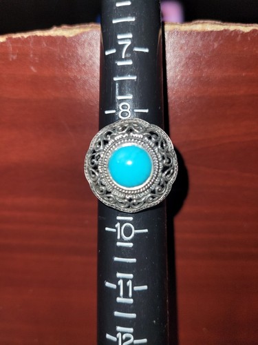 Round Sterling Silver Turquoise Inlay Ring 925 Sz 9 - Picture 5 of 5