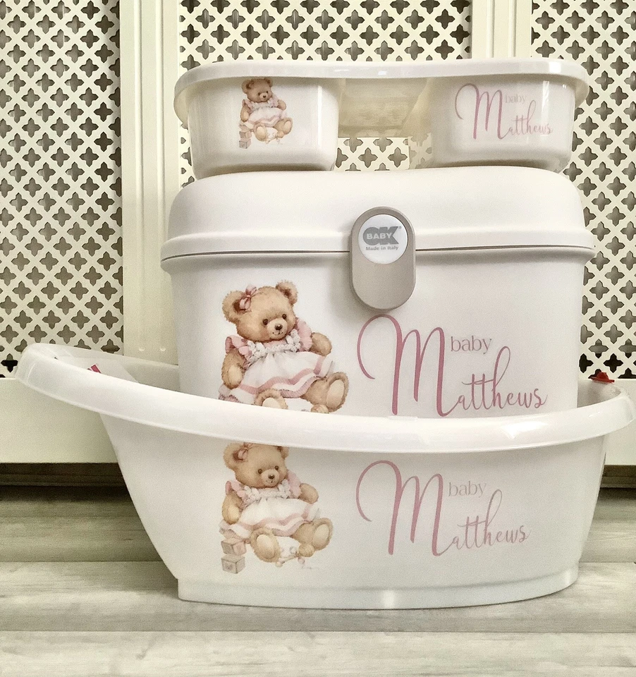 OK BABY Personalised Baby Bath, Baby Box, top and tail tray Vintage Bear