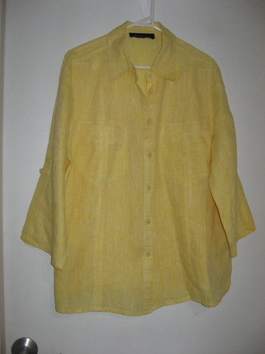 MAGGIE T YELLOW BUTTON UP 3/4 SLEEVE LINEN TUNIC TOP WITH POCKETS SIZE 14