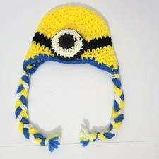Baby 0-6 Months Blue Minion Brown Eye Handmade Crochet Beanie Hat with Earflaps