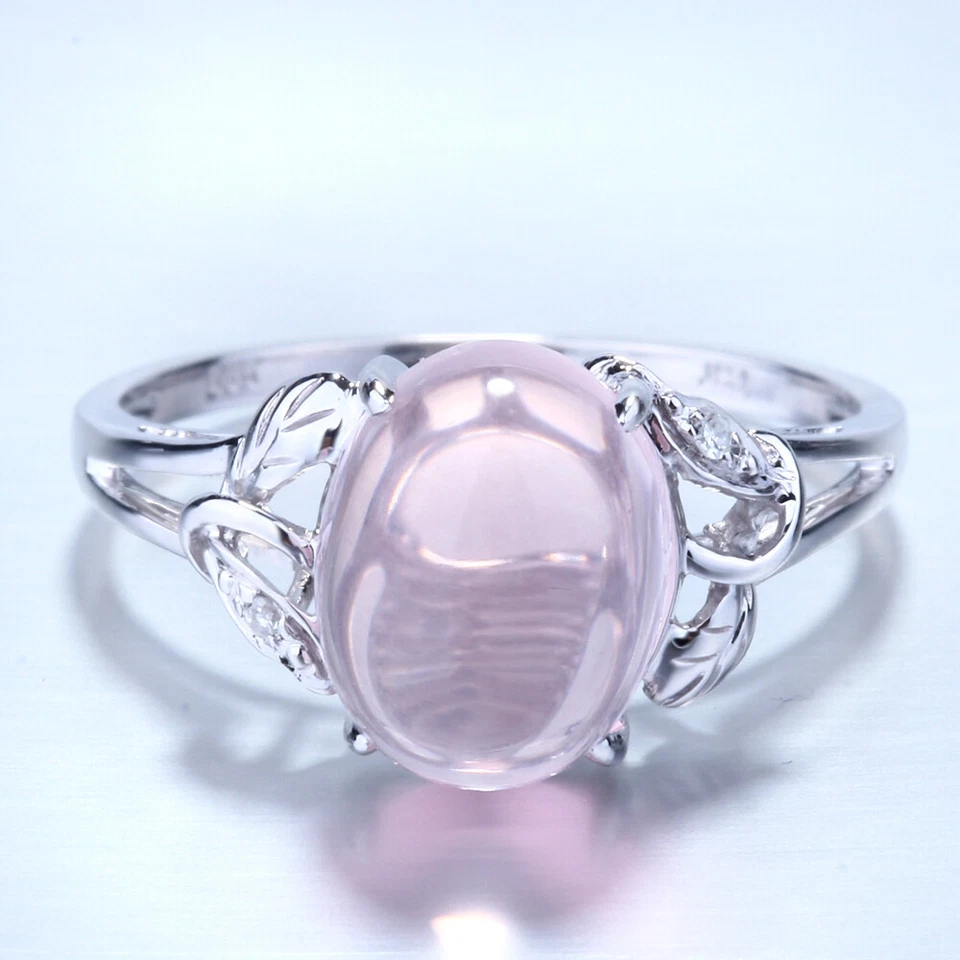 14K White Gold 10x8mm Oval Pink Quartz Natural Diamonds Ring Wedding Anniversary - Image 2 of 4