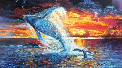 Robert Lyn Nelson Electricity sunset whales HAND SIGNED Lithograph