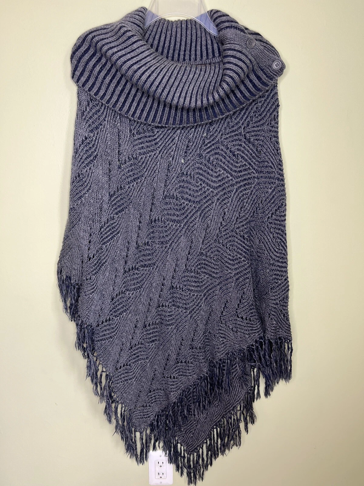 BCBGMaxazria Blue Knit Cowl Neck Merino Wool Fringe Poncho Sweater One Size