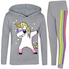 Kids Girls Tracksuit Xmas Unicorn Rainbow Dab Floss Grey Top Legging Set