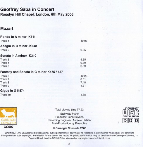 MOZART played by GEOFFREY SABA, piano * 2006 * Carnegie Concerts CC007 * CD - Picture 2 of 2