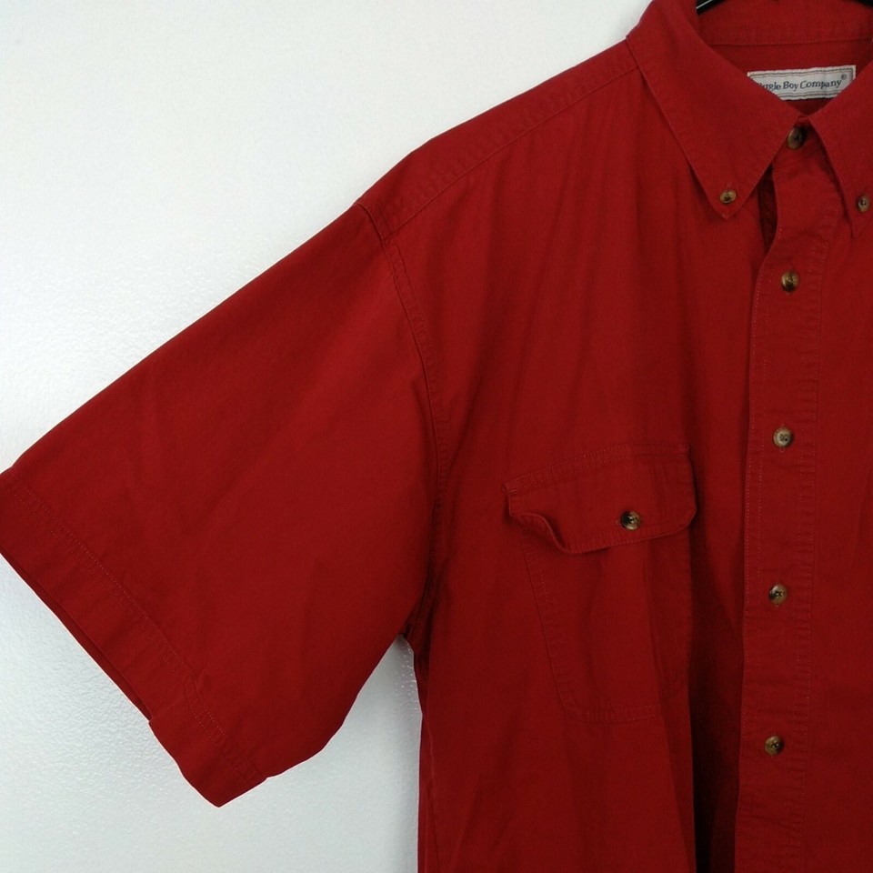 Bugle Boy Company Shirt Men's Large Red Button Front Short Sleeve Crest