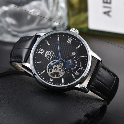 Sun & Moon Semi Skeleton Automatic Watch Men's Leather Strap Luxury Gift