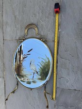 Vintage Edwardian Brass Mirror Fire Screen -Hand Painted Heron & Bulrushes-Large