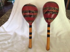 Vintage Pair Haitian Tourist Maracas Hand painted Wood Rumba Shakers Haiti beat